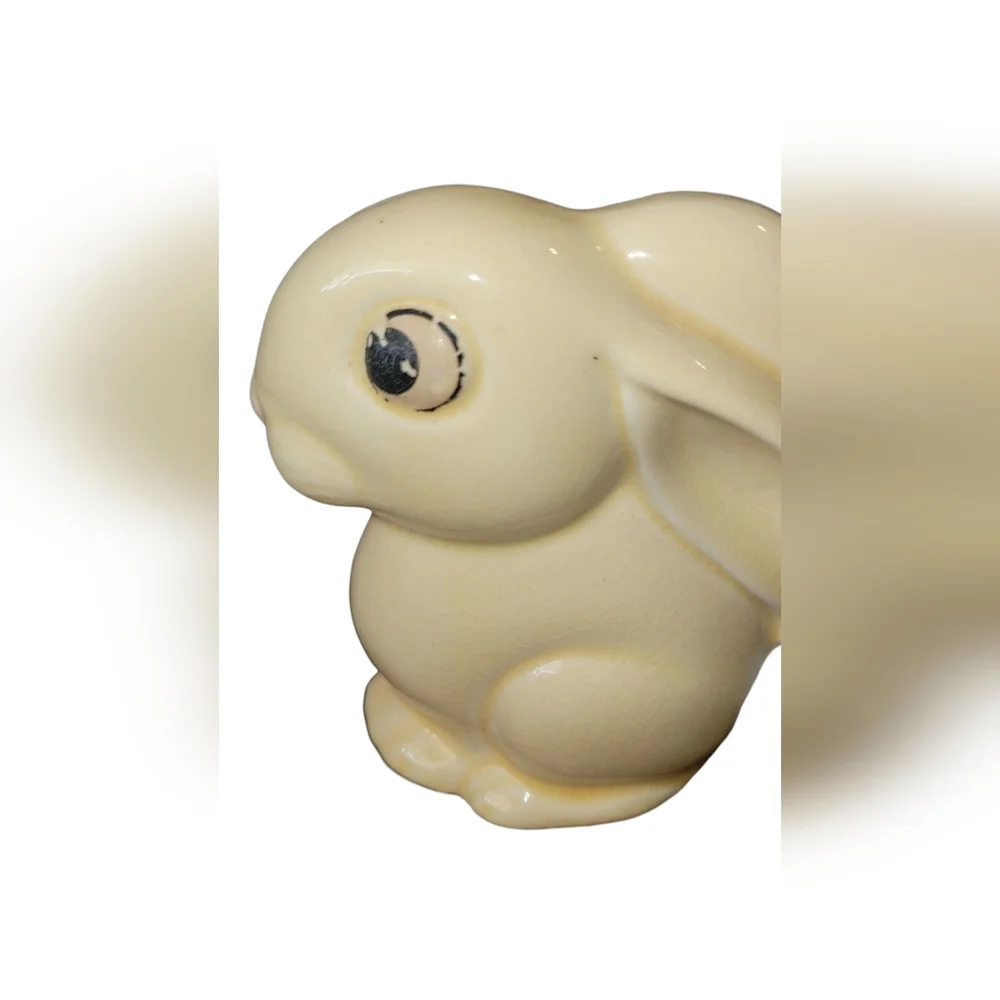 Charming Yellow Ceramic Bunny Figurine Cotton Ball Dispenser